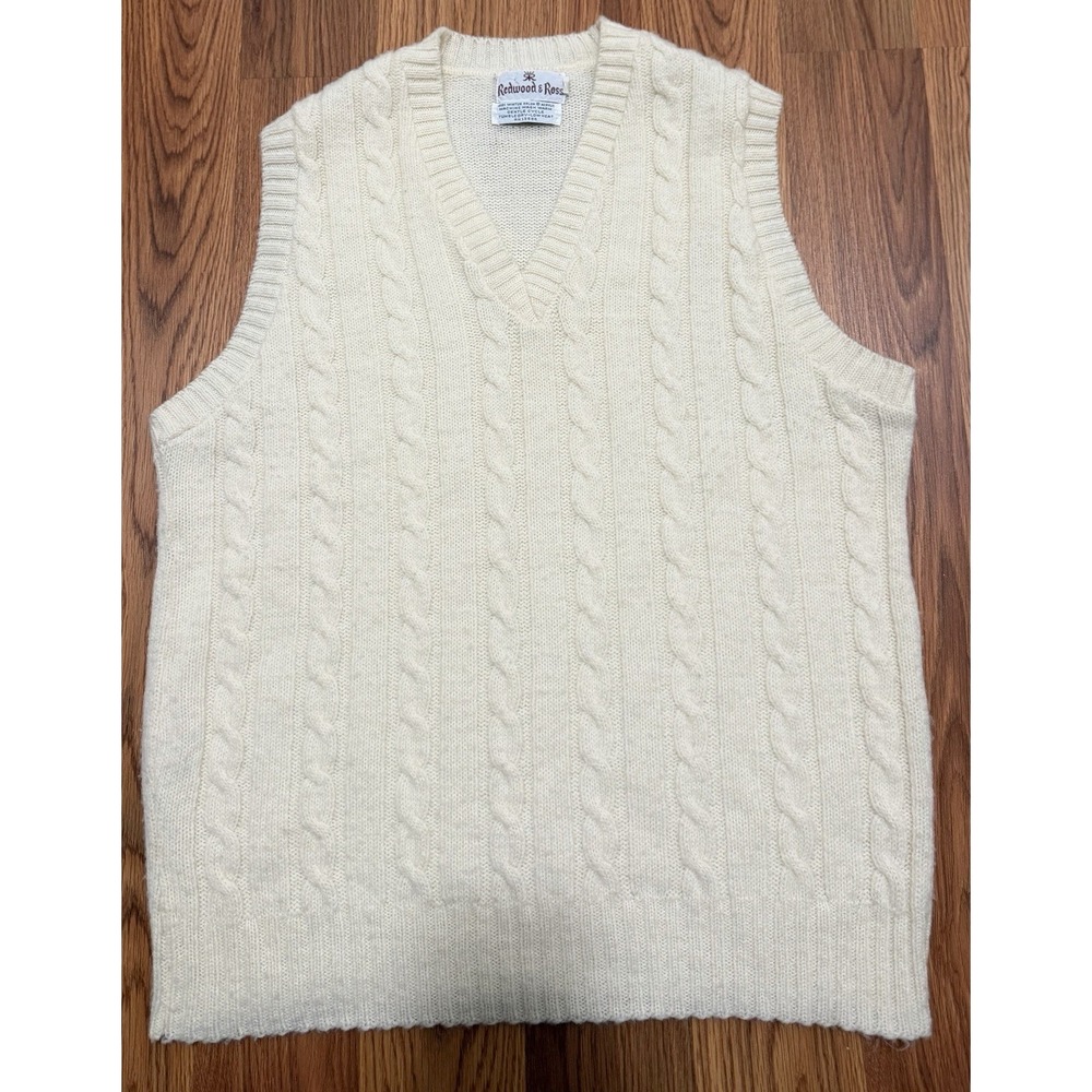 Redwood & Ross Sweater Vest Mens Large Cable Knit V Neck Ivory Vintage